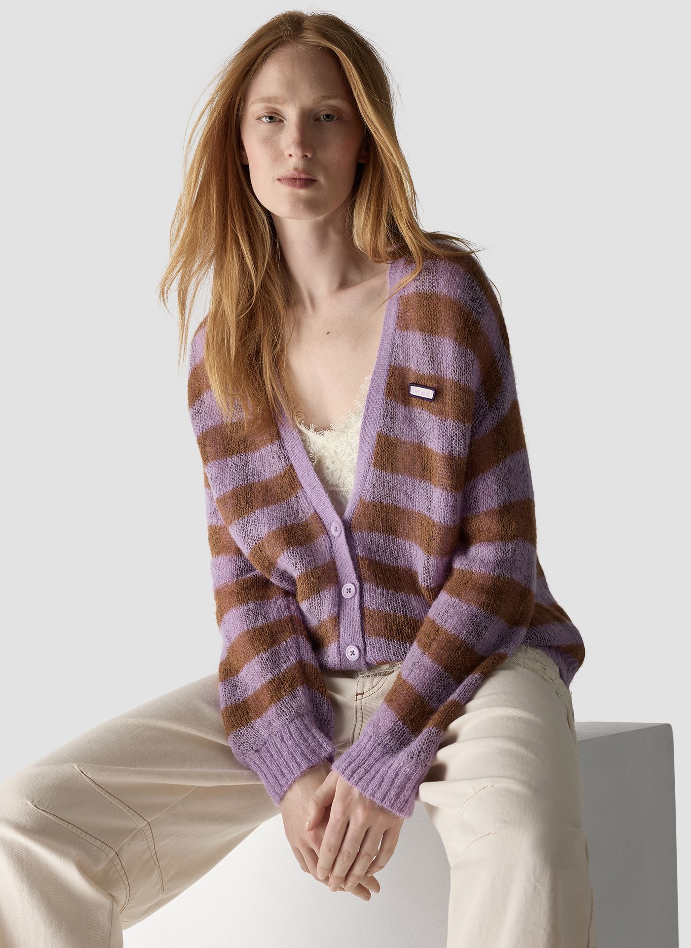 Cárdigan rayas lila camel